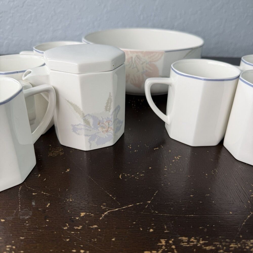 Vintage Jack Lenor Larsen Mikasa Porcelain Set Bowl 6 Mugs Lidded Creamer Japan